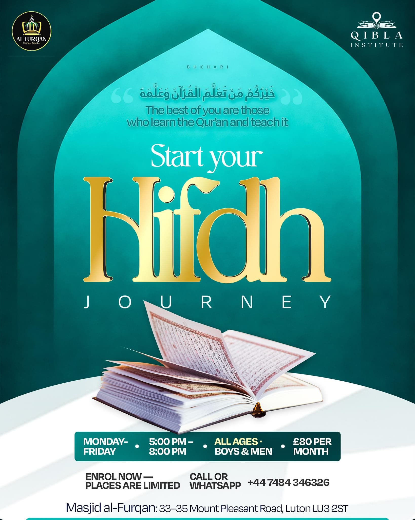 Start your Hifdh Journey poster — Qibla Institute and Al Furqan Qur'an memorisation course at Masjid Al-Furqan, Luton