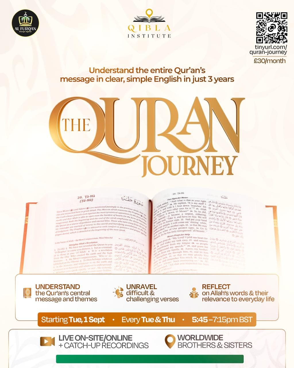 The Qur'an Journey poster — Qibla Institute and Al Furqan course to understand the Qur'an in English